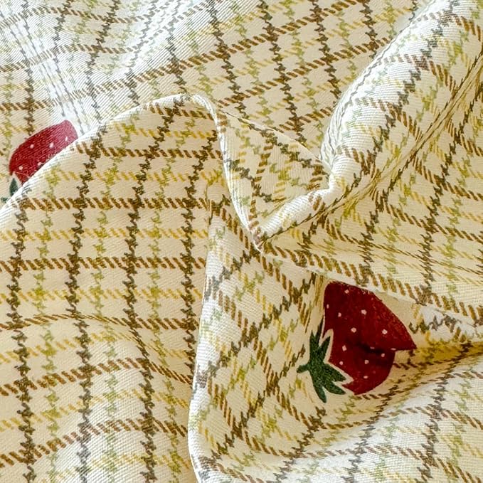BlueBlue Strawberry Duvet Cover Set Twin 100% Cotton Bedding for Kids Boys Girls Teens Red Strawberry Grid Plaid on Cream White 1 Cartoon Fruit Comforter Cover 2 Pillowcases (Twin)