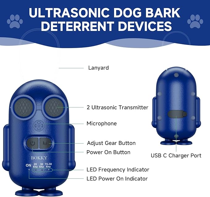 BOKKY 2 Pack Dog Bark Deterrent Devices in 3 Adjustable Modes Convertible Waterproof Anti Barking Silencer for Dog - Ideal for Outdoor and Indoor(Blue)