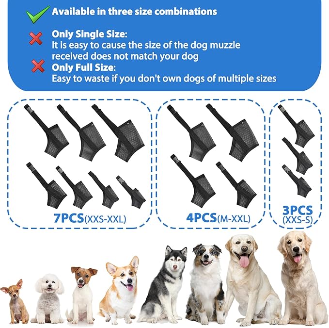 LUCKYPAW Dog Muzzle Suits for Small Medium Large Dogs, Mesh Muzzle Anti Biting Chewing, Breathable Mouth Cover Set with Adjustable Strap for Grooming Vet Visiting Training (Small 3 PCS(XXS-S), Black)