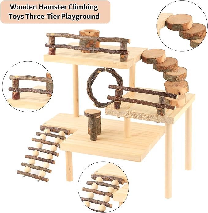 Hamster Climbing Toys 3-Tier Extra Large Hamster Playground Natural Wooden Small Animal Platform Toys Hamster Exercise Activity Climbing Platform with Bridge for Gift