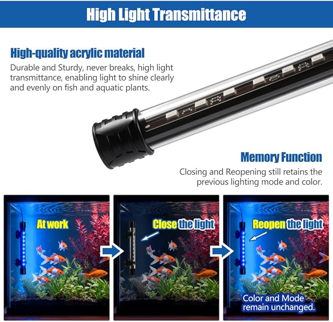 LED Aquarium Light with IP68 Waterproof and Memory Function Submersible Fish Tank Light with Remote and 16 Colors 19 Inches Brightness Adjustable Underwater Light Bar for Fish Tank Aquarium