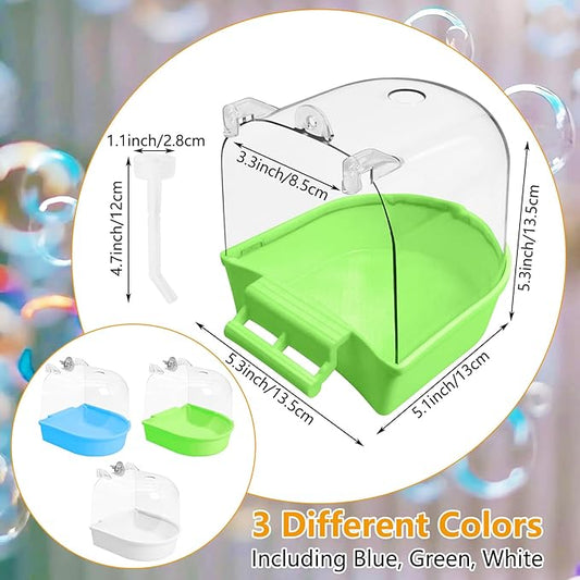 Tfwadmx 3Pcs Bird Bath for Cage Hanging Parakeet Bath Box Clear Bird Bathtub Water Shower Food Feeder Bathing Tub for Cockatiel Conure Canary Budgies
