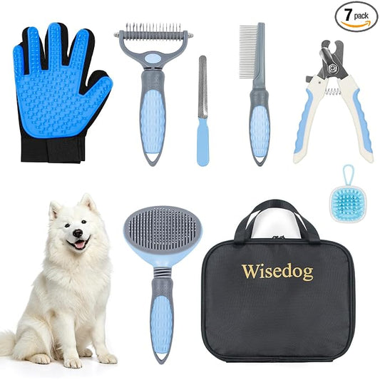 Wisedog Dog Grooming Kit, Upgraded Blue, 7PCS | Cat Nail Clipper with Nail File, Dematting Comb for Dogs, Flea Comb, Bath Brush, Hair Removal Mitts