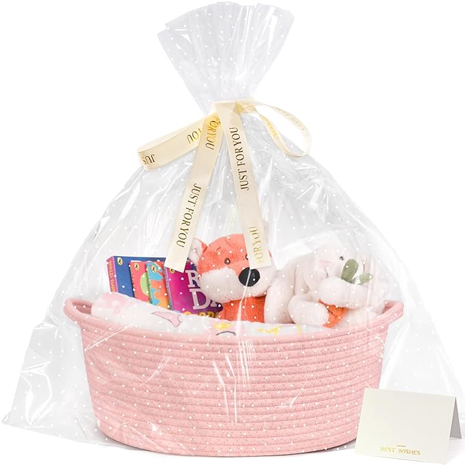 CHICVITA Mother's Day Basket with Gift Bags & Ribbon Baskets for Gifts Empty, Rope Baskets for Organizing, Home Decoration for Kids, 12"x 8"x 5", Pink