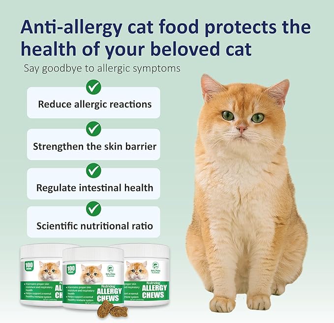 Cat Allergy Relief Chews for Seasonal Allergies - Itchy Skin, Sneezing & Paw Licking Remedy with Colostrum, Probiotics 300M CFU & Omega 3, Salmon Flavor Soft Chews, 100 Count