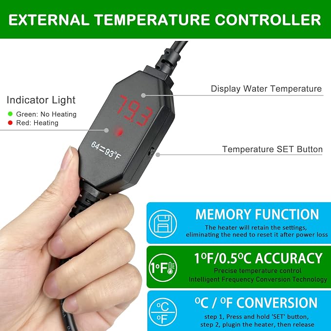 Small Submersible Aquarium Heater, Adjustable Mini Fish Tank Heater 25W 50W 100W 150W with External Temperature Controller, Digital Display, for 5/10/20/30 Gallons (25W)