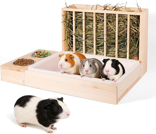 3 in 1 Wooden Guinea Pig Hay Feeder Mess Proof with Litter Box, for Guinea Pig, Chinchillas, and Other Small Animals