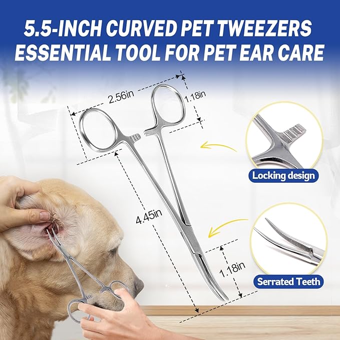 Dog Ear Hair Removal Kit with Powder & 5.5" Curved Locking Forceps - Dog Ear Finger Wipes Gentle Ear Grooming Tool for Dogs - Absorb Moisture, Remove Dirt - Alcohol-Free Pet Ear Care