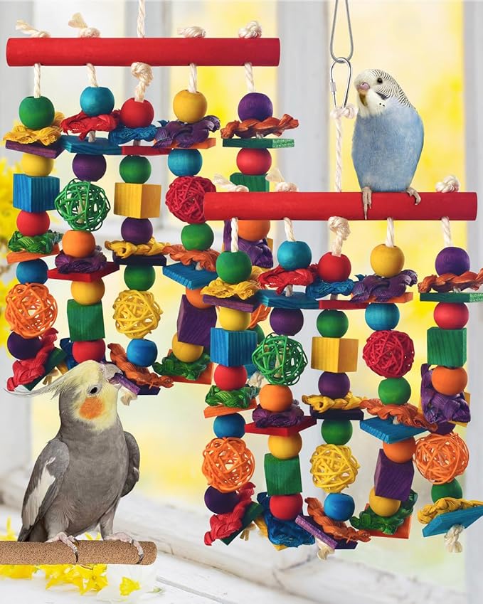 DBNESS Bird Toys, 2PCS Parrot Foraging Hanging Toy, Multicolored Natural Wooden Blocks Parakeet Chewing Toys mit Rattan Wicker Balls, for Medium Small Cockatoos Budgie Lovebird Cockatiel Conure