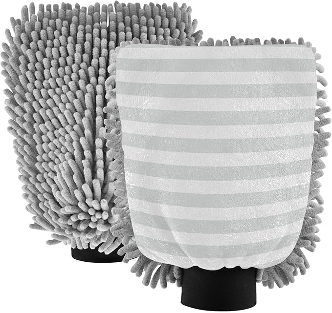 Car Wash Mitt Microfiber Wash Mitts for Car Washing Scratch-Free Cleaning Gloves Soft Non Absorbent Chenille Auto Hand Mitt Large 2Pack Grey Stripes