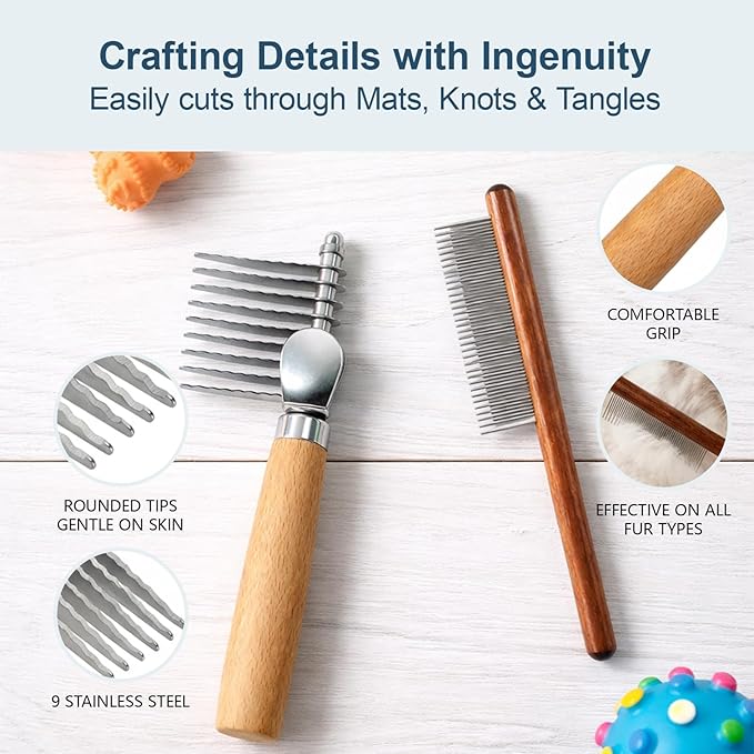 2-Piece Professional Grooming Kit with Stainless Steel Teeth, for Long-Haired Pets During Shedding Season and Mat Removal Sessions,Dematting Tool for Dogs, Cat Dematting Tool, Dematting Comb for Dogs