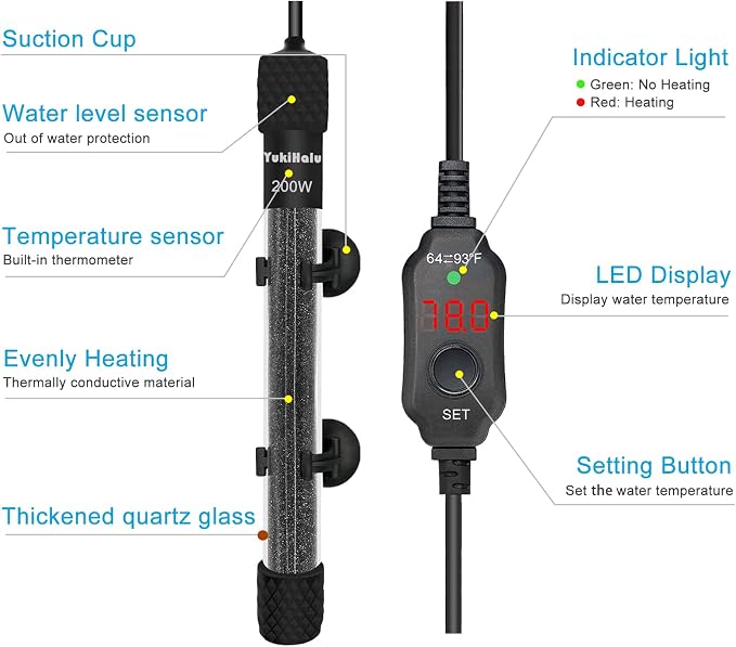YukiHalu Small Submersible Aquarium Heater, Adjustable Mini Fish Tank Heater 25W 50W 100W 200W 300W with External Temperature Controller, LED Display, Used for 5/10/20/40/60 Gallons (200 Watts)