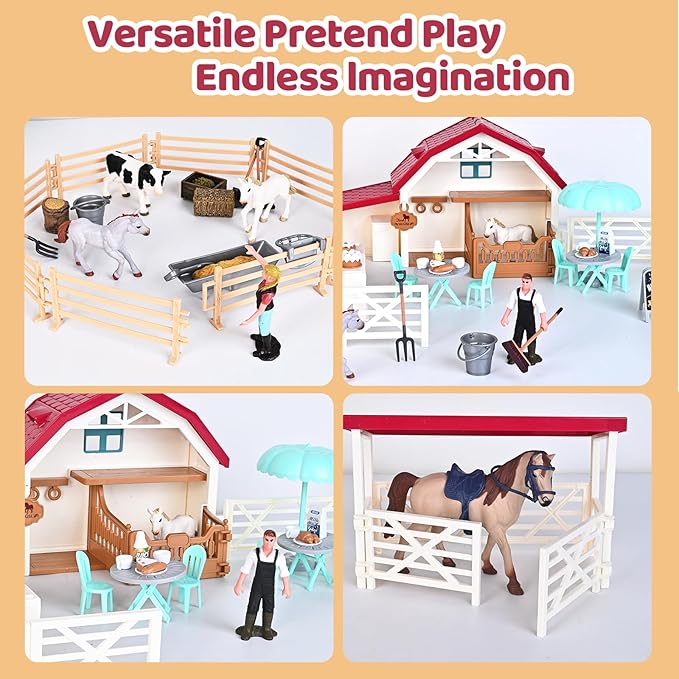 Peagprav Horse Club Riding Arena 71-Piece, Horse Stable Toys Playset, Farmmer Figures,Farm Animal Figurine, Coffee Shop, Barn with Fence Toys for 3-7 Years Old Kids Boys Girls Toddlers