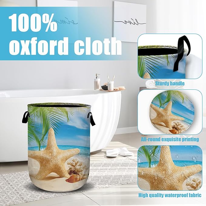 Starfish Seashell Laundry Basket, Ocean Sea Beach Laundry Hamper Collapsible Oxford Cloth with Handle Clothes Storage Bin for Bathroom Laundry Room Bedroom 15.7 X 20 Inch