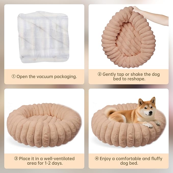 Donut Dog and Cat Bed, Luxurious Comfortable Faux Rabbit Fur Pet Beds, Round Anti-Anxiety Calming Puppy Kitten Bed with Anti-Slip Bottom for Small Medium Dogs & Cats(25", Brown)