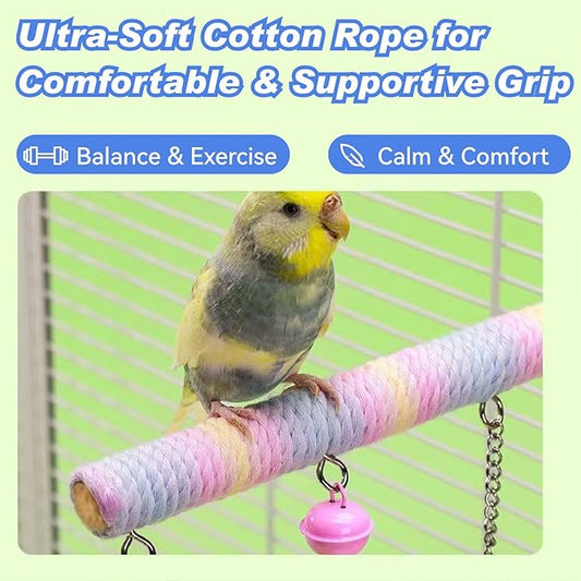 Dual-Layer Bird Swing Perch with Bells Rainbow Cotton Rope Cage Parrots Toys for Parakeet Conure Cockatiel Mynah Love Birds Finches