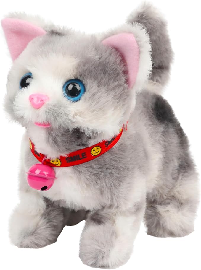 Walking Grey Cat Stuffed Animal Talking Wagging Nodding Educational Plush Kitty Toy Electric Interactive Animated Plushies for Girls Boys Birthday, 7"