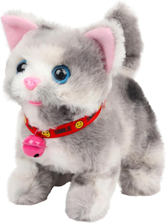 Walking Grey Cat Stuffed Animal Talking Wagging Nodding Educational Plush Kitty Toy Electric Interactive Animated Plushies for Girls Boys Birthday, 7"