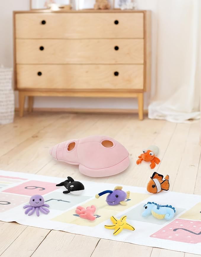 Muiteiur 9-Piece Conch Shell Stuffed Animals with Sea Creatures Inside, 12.6" Soft Ocean Plush Toys for Kids Ages 3+, Hide and Seek Interactive Playset for Birthday, Baby Shower & Nursery Decor