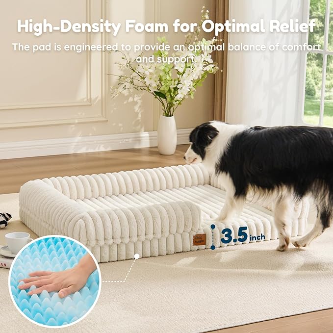 ChiXnuggle Orthopedic Dog Bed with Bolster Sides for Sleeping, Fluffy Plush Rectangular XL Dog Bed, Luxury Striped Faux Fur Waterproof Dog Couch with Removable Washable Cover, Cream