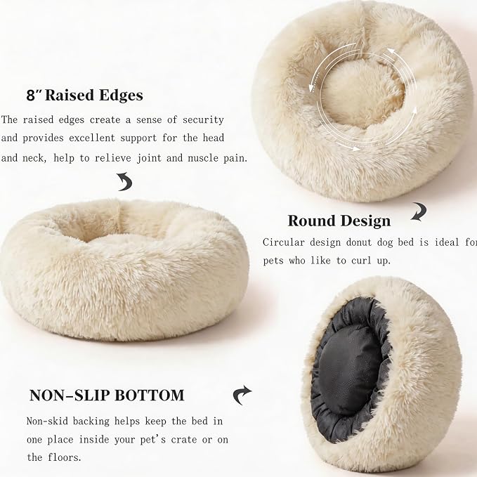 Calming Donut Dogs Beds for Small Dogs Washable,28inch Plush Round Pet Bed for Cozy Sleep,Fluffy Faux Fur Large Cat Bed,Fits up to 30 lbs Pets,Beige