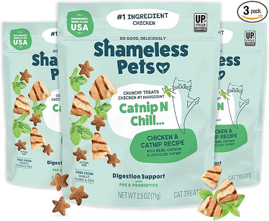 Shameless Pets Crunchy Cat Treats - Catnip Treats for Cats with Digestive Support, Natural Ingredients Kitten Treats with Real Chicken, Healthy Flavored Feline Snacks - Catnip N Chill, 3-Pk