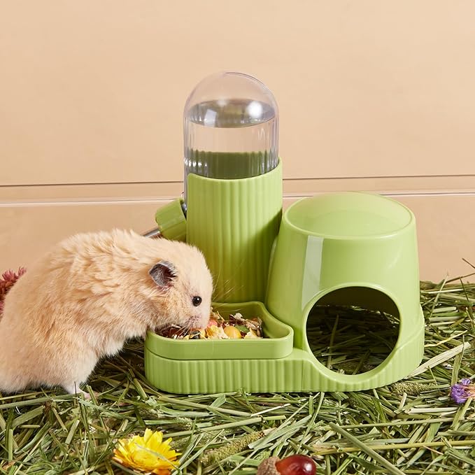 3 in 1 Hamster Water Bottle No Drip Automatic Leakproof Dispenser with Food Container and Hideout Base for Gerbil Rat Dwarf Hamster Mouse (Blue, 3.4oz)