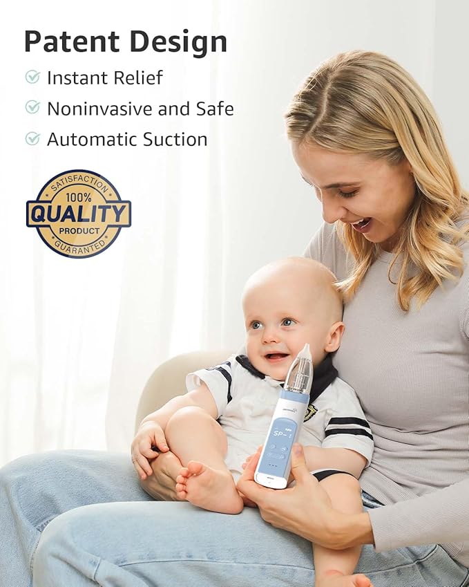 GROWNSY Nasal Aspirator for Baby, Electric Nose Aspirator for Toddler, Baby Nose Sucker, Automatic Nose Cleaner with 3 Silicone Tips, Adjustable Suction Level, Music and Light Soothing Function, Blue