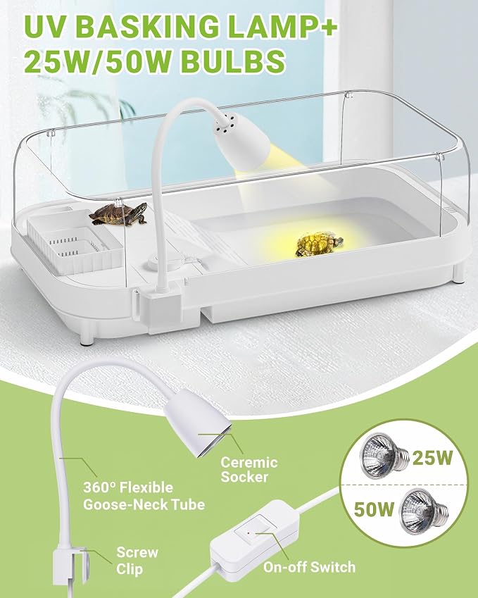 Moonorange Large Turtle Tank Kit (Tank+Lamp+Filter), Acrylic Turtle Tank Starter Kit with Heightened and Curved Fences, Bottom Drainage, Multi-Function Areas