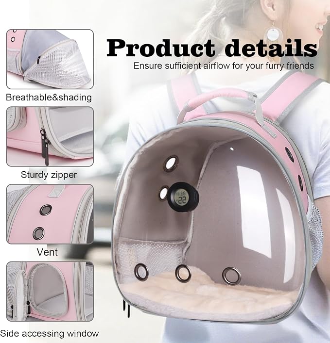 Bearded Dragon Travel Backpack Carrier with Reptile Thermometer and Humidity Gauge Lizard Travel Cage Space Capsule Clear Bubble Window Astronaut Reptile Bag for Ball Python (Pink, BE Backpack)