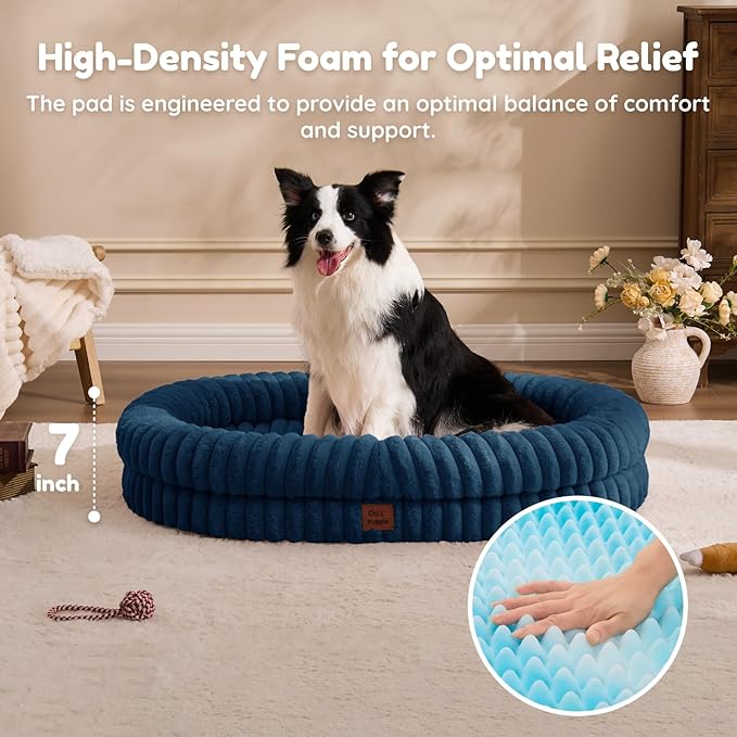 ChiXnuggle Dog Bed Large Sized Dog - Luxury Striped Faux Fur Waterproof Pet Couch with Removable Washable Cover, Orthopedic Pet Bed with Bolster Sides for Sleeping, Midnight Blue