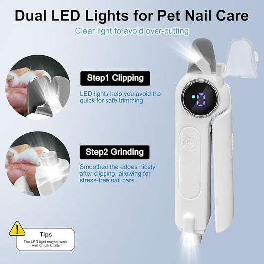 2-in-1 Dog Nail Clippers & Grinder with LED Light, Quiet Electric Pet Nail Trimmer for Small Medium Large Dogs & Cats, 3 Speeds, USB Rechargeable, Quick Sensor, Safety Lock & Splash Guard (White)