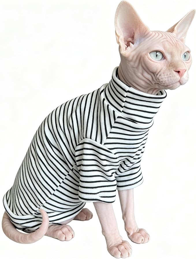 Sphynx Cat Clothes Shirts for Hairless Cat,Classic Striped Kitten Apparel Clothes for Cats Only,Soft Sphinx T-Shirts Sweatshirt with Sleeves for Cornish Rex, Devon Rex,Black,M