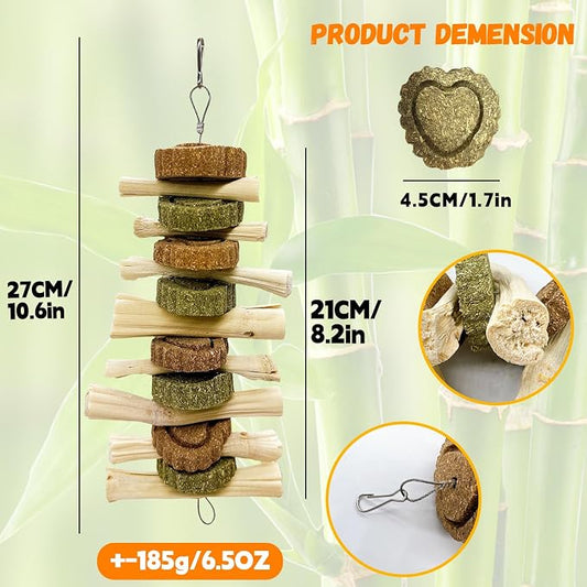 Hamiledyi 3Pcs Bunny Chew Toys for Teeth Bunny Hanging Grinding Cake Natural Sweet Bamboo Sticks Timothy Alfalfa Hay & Carrot Cake for Rabbit Guinea Pig Chinchilla Gerbil Improve Dental Health