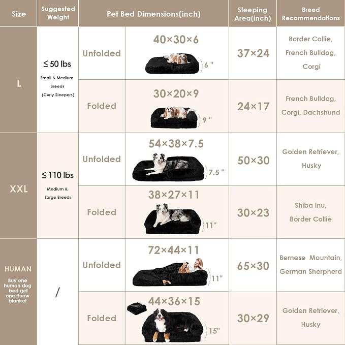 EHEYCIGA Foldable Human Dog Bed, 72"x44"x11" Orthopedic Memory Foam Human Sized Dog Bed, Waterproof Pet Bed for People, Faux Fur Pet Couch for Adult with Non-Slip Bottom, Black