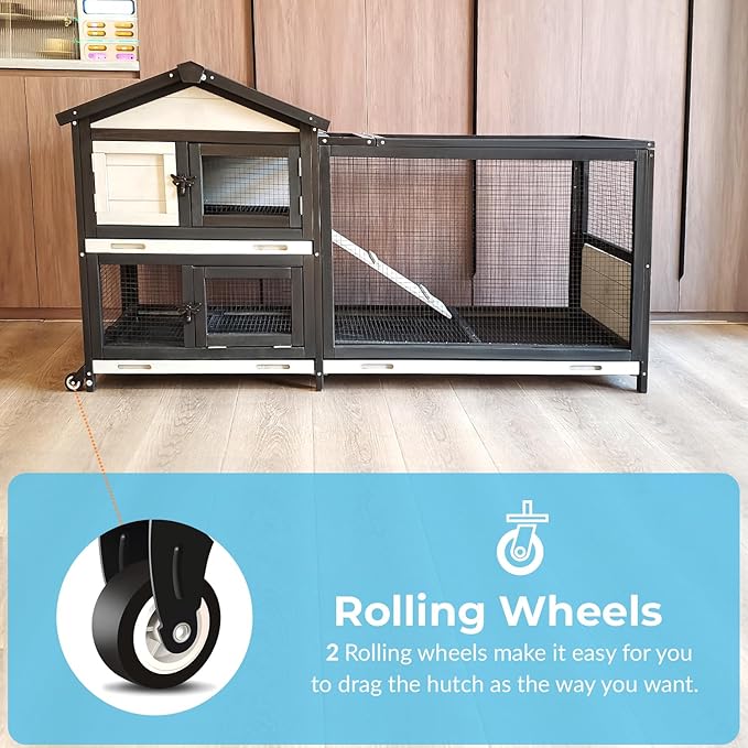 53 inches Wooden Rabbit Hutch for Small Animals with 2 Rolling Wheels Indoor Outdoor Pet Cage (Medium) Bunny Cages with Removable Trays and Bedding Area Waterpoof roof
