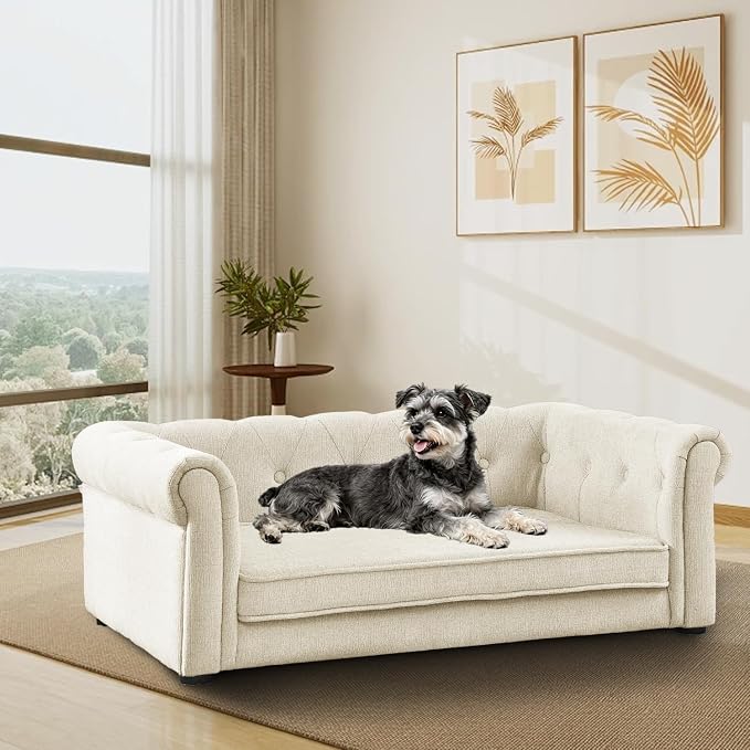 Dog Sofa for Small & Medium Dogs | Removable & Washable | No Assembly Required | Breathable Linen Fabric | Soft Foam |Floor-friendly sofa legs | Beige