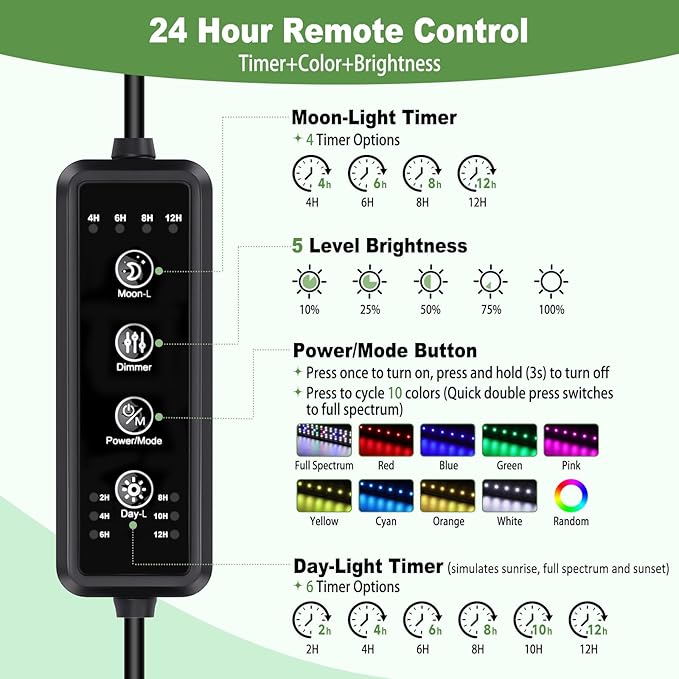 hygger LED Aquarium Light with Timer, 25W Full Spectrum Fish Tank Plant Growth Lamp, 24 H Remote Control, Adjustable Brightness & 10 Colors, Extendable Bracket, Power-Off Memory, Fits 24-30 Inch Tank