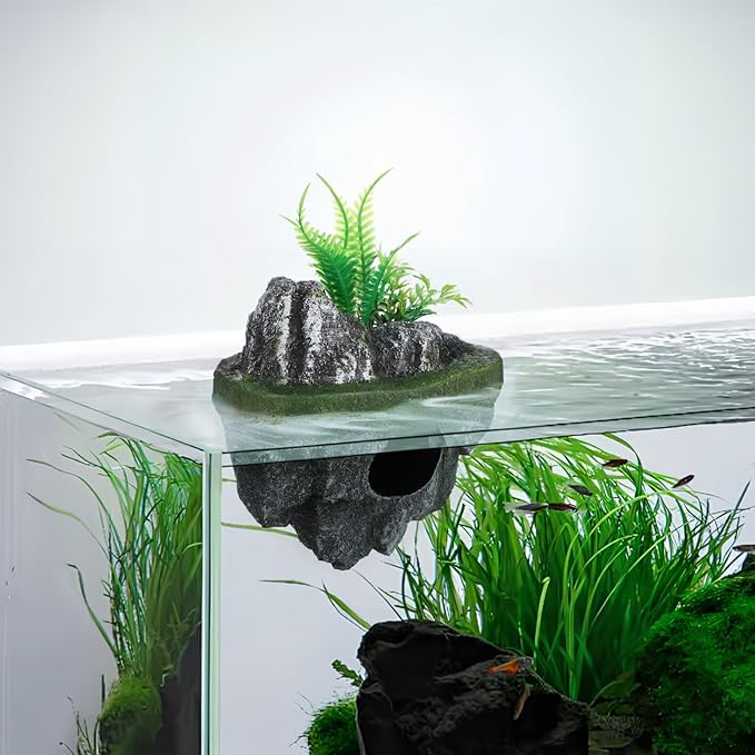 Toddmomy Floating Aquarium Decoration Realistic Resin Rock with Plants Fish Tank Ornament Fish Shelter Hideaway Floating Island for Aquascaping 7.48X5.31X4.33In