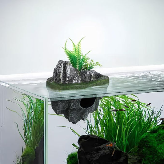 Toddmomy Floating Aquarium Decoration Realistic Resin Rock with Plants Fish Tank Ornament Fish Shelter Hideaway Floating Island for Aquascaping 7.48X5.31X4.33In