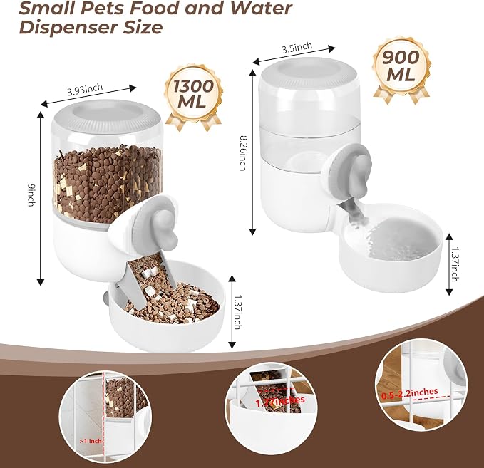 Hanging Cage Automatic Food Water Dispenser with Separate 1.3L Food Bowl and 0.9L Waterer, Kennel Gravity Pet Feeder Set Crate Auto Feeder Dish for Small Pets Cat Puppy Ferret Bunny Guinea Pig