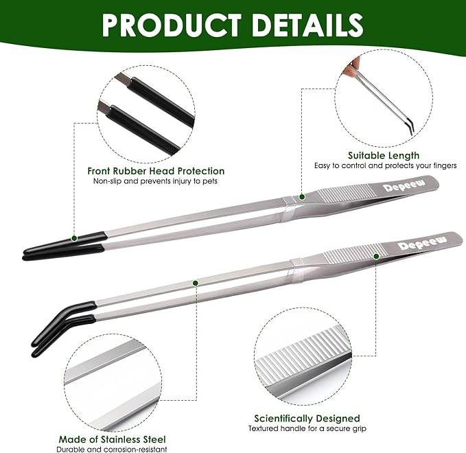 Reptile Feeding Tongs Long Tweezers, 4 Pack Stainless Steel Reptile Tweezers Set, 10.6" Straight & Curved Tweezers with Soft Rubber Tip, for Aquarium Terrarium, Crafts, Reptile Tank Accessories