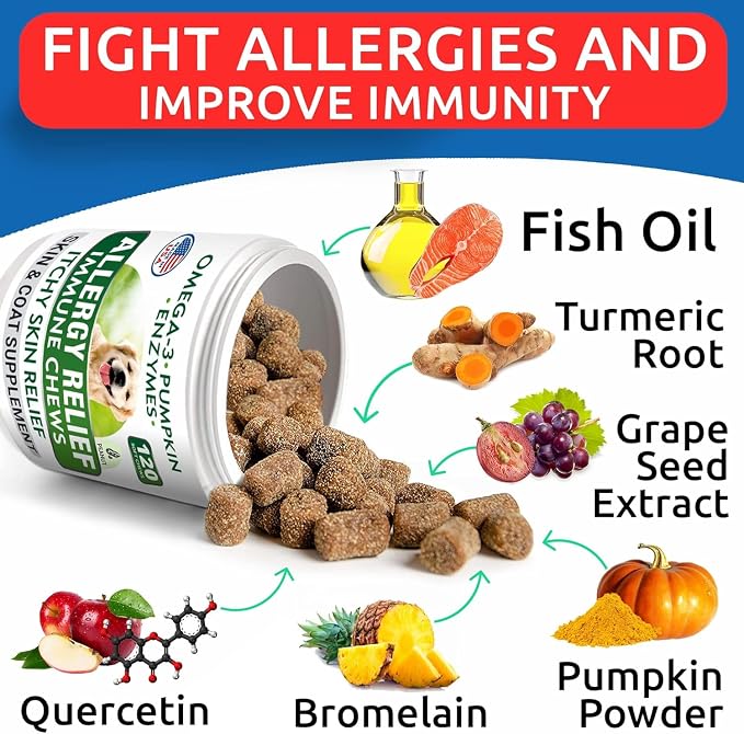 BARK&SPARK Dog Allergy Relief Soft Chews for Skin Health & Seasonal Allergies - Anti-Itch Supplement w/Omega-3, Quercetin & Bromelain Immune Treats for Dry Skin & Hot Spots - Peanut Butter - 240ct