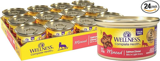 Wellness Complete Health Minced Adult Canned Wet Cat Food, Natural, Protein Rich, Grain Free, Salmon Dinner Recipe, 3 oz, Pack of 24 Cans