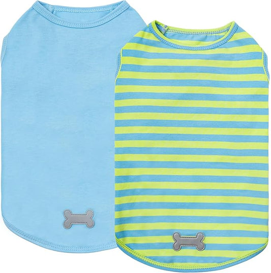 KYEESE 2Pack Dog Shirt, Soft Striped Dogs T Shirts, Lightweight Doggie Tank Top Cat Clothes, Sleeveless Dog Shirt for Small Dogs, Stretchy Pet Vest, Blue, Small