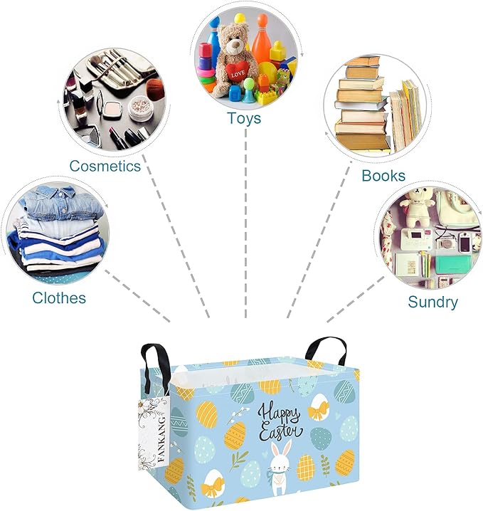 Storage Bins,Nursery Hamper Canvas Laundry Basket Foldable with Waterproof PE Coating Storage Baskets for Boys and Girls, Office, Bedroom, Clothes,Toys(Rec-Easter eggs ）