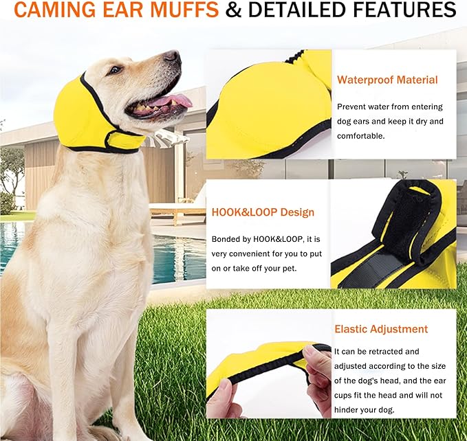 BAMY Swimming Waterproof Dog Ear Caps Calming Large Dog Ears Cover Shower Cap for Ear Protection for Bath for Grooming (Yellow, S (Head Circumference 10"-15"))