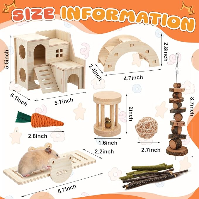 8 Pcs Hamster Cage Accessories Hamster Starter Kit with Maze Wood House, Bridge, Seesaw, Chew Toys Set for Gerbils and Mice Small Animals Habitat Supplies(Classic Villa)