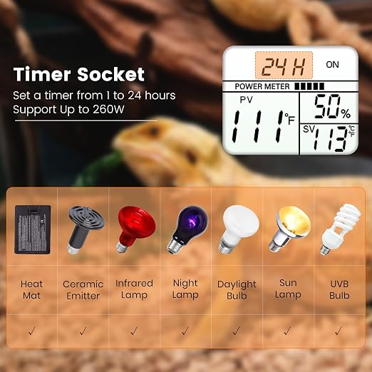 2 in 1 Reptile Dimming Thermostat with 2 Socket for Timer & Heating Control, Thermostat for Reptile Heat Lamp Heat Pad, PID Temperature Controller, Memory Function (Model: PT02T)