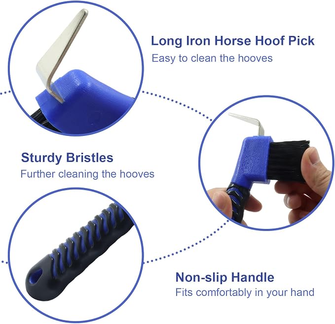 Horse Hoof Pick Brush, Soft Touch Rubber Handle Portable Hoof Pick for Horse Grooming, Cleaning (Orange+Blue)